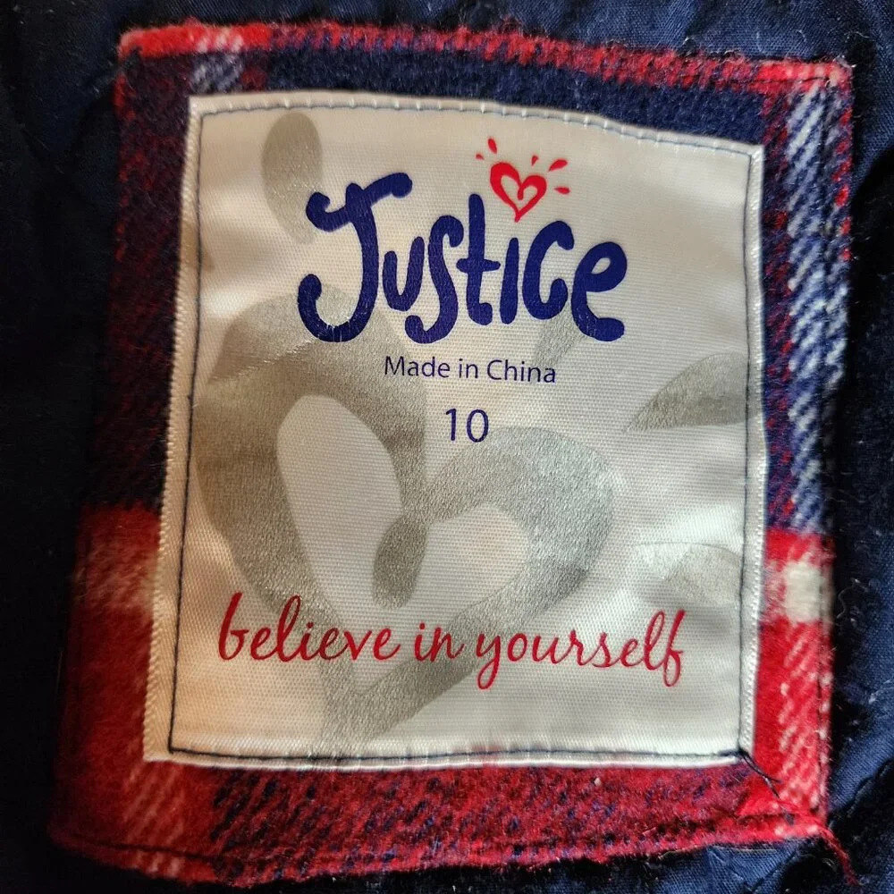 Justice Girl's Size 10 Red And Blue Plaid Fur Hooded Jacket Toggles Fall/winter